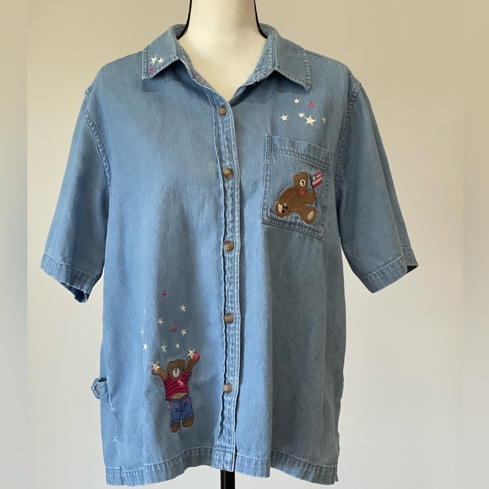 CJ Banks denim chambray embroidered teddy bear button up shirt casual patriotic